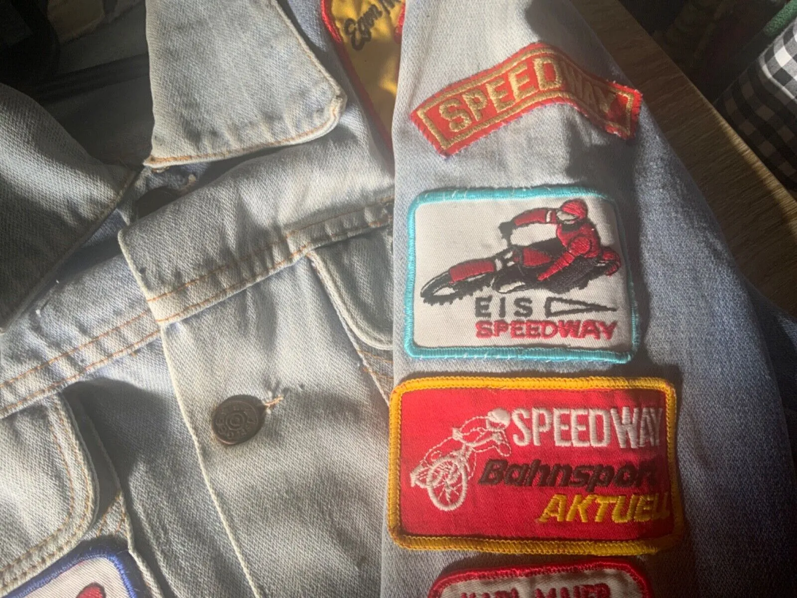 VTG DENIM JACKET 70s 80s SPEEDWAY RACING PATCHES X 28 JAP BIKE GRASSTRACK XS 34