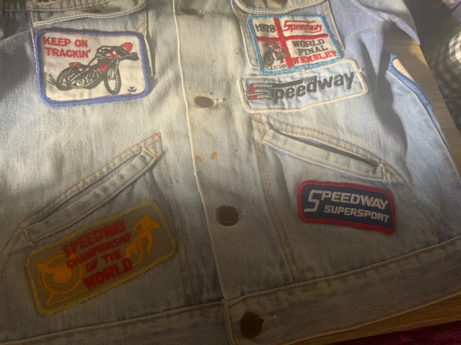 VTG DENIM JACKET 70s 80s SPEEDWAY RACING PATCHES X 28 JAP BIKE GRASSTRACK XS 34