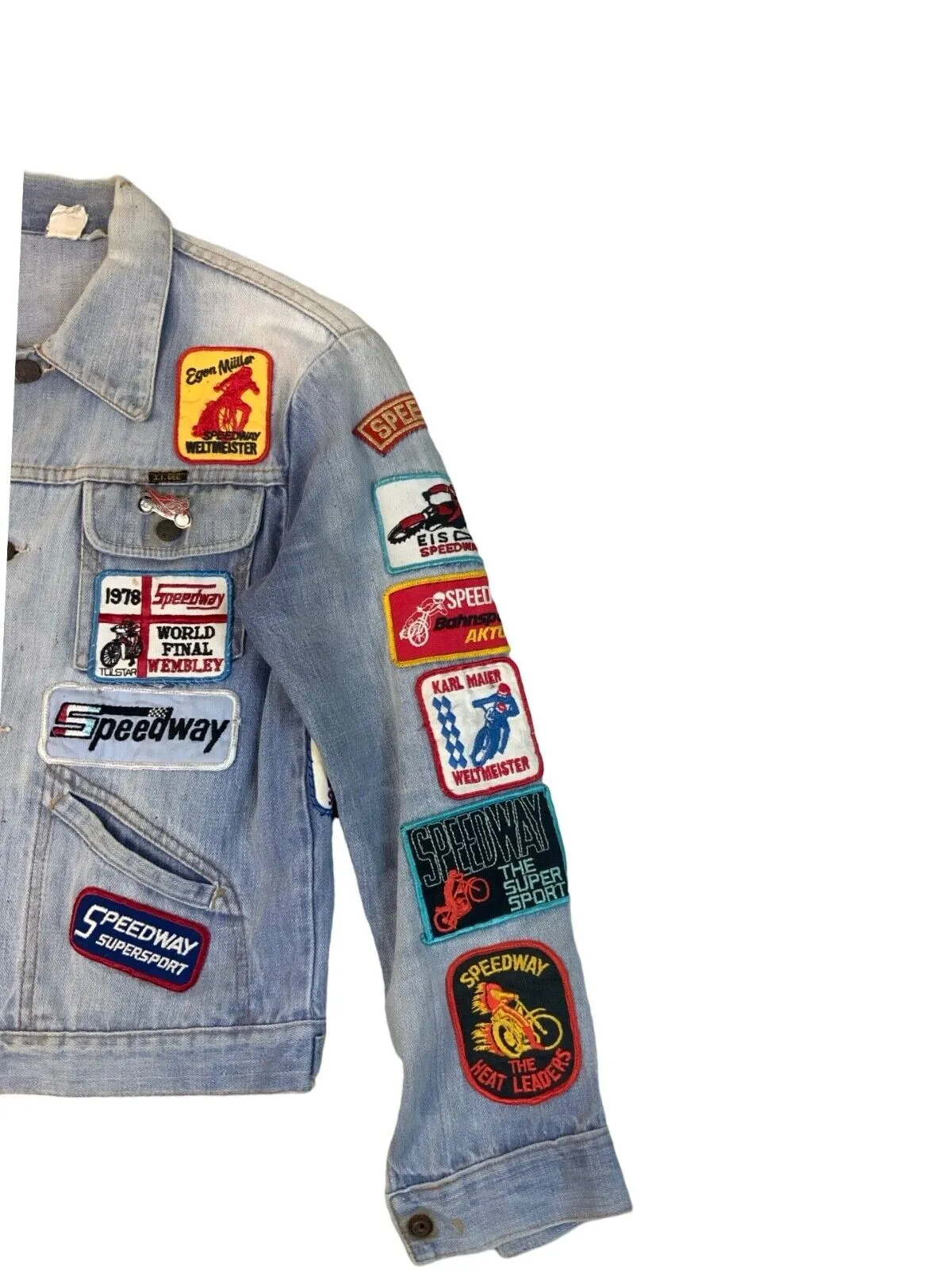 VTG DENIM JACKET 70s 80s SPEEDWAY RACING PATCHES X 28 JAP BIKE GRASSTRACK XS 34