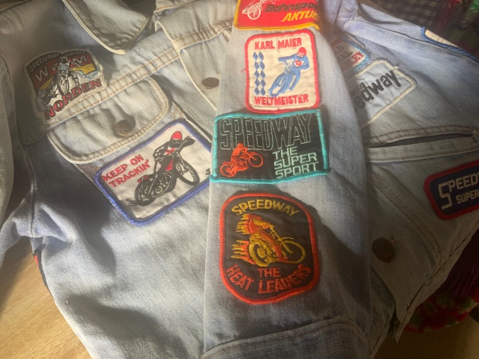 VTG DENIM JACKET 70s 80s SPEEDWAY RACING PATCHES X 28 JAP BIKE GRASSTRACK XS 34