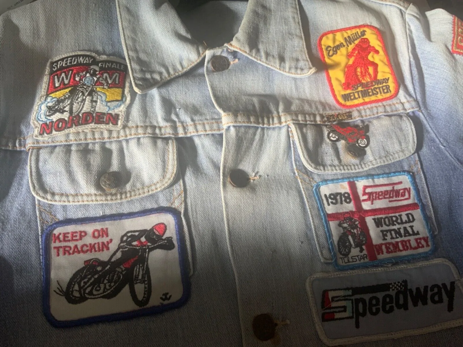 VTG DENIM JACKET 70s 80s SPEEDWAY RACING PATCHES X 28 JAP BIKE GRASSTRACK XS 34