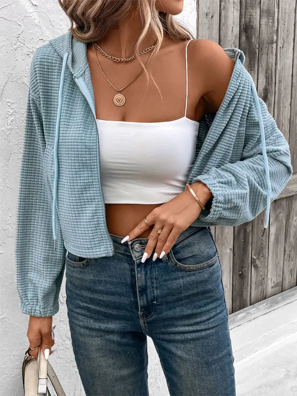 Waffle Blue Cropped Hooded Jacket for Women