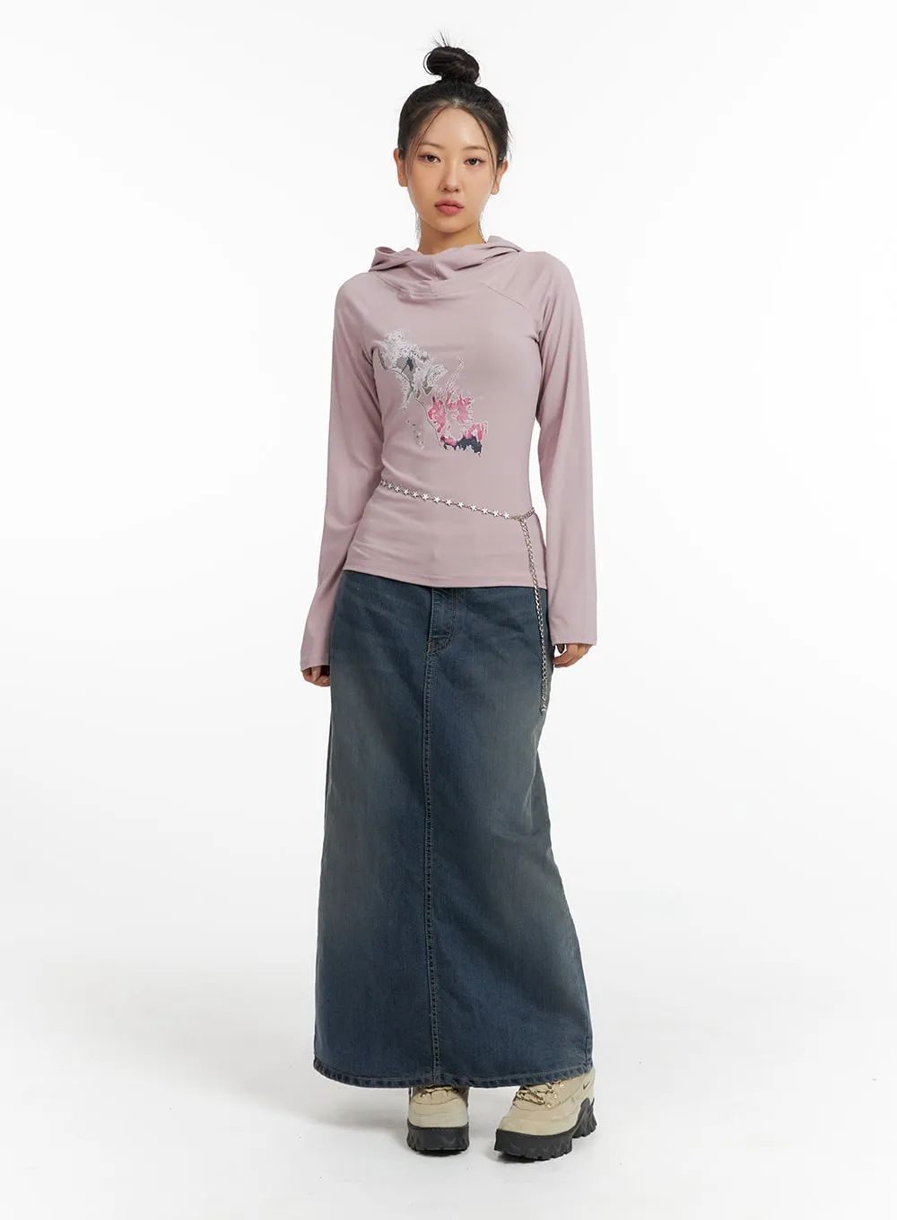 Washed Denim Maxi Skirt CF419