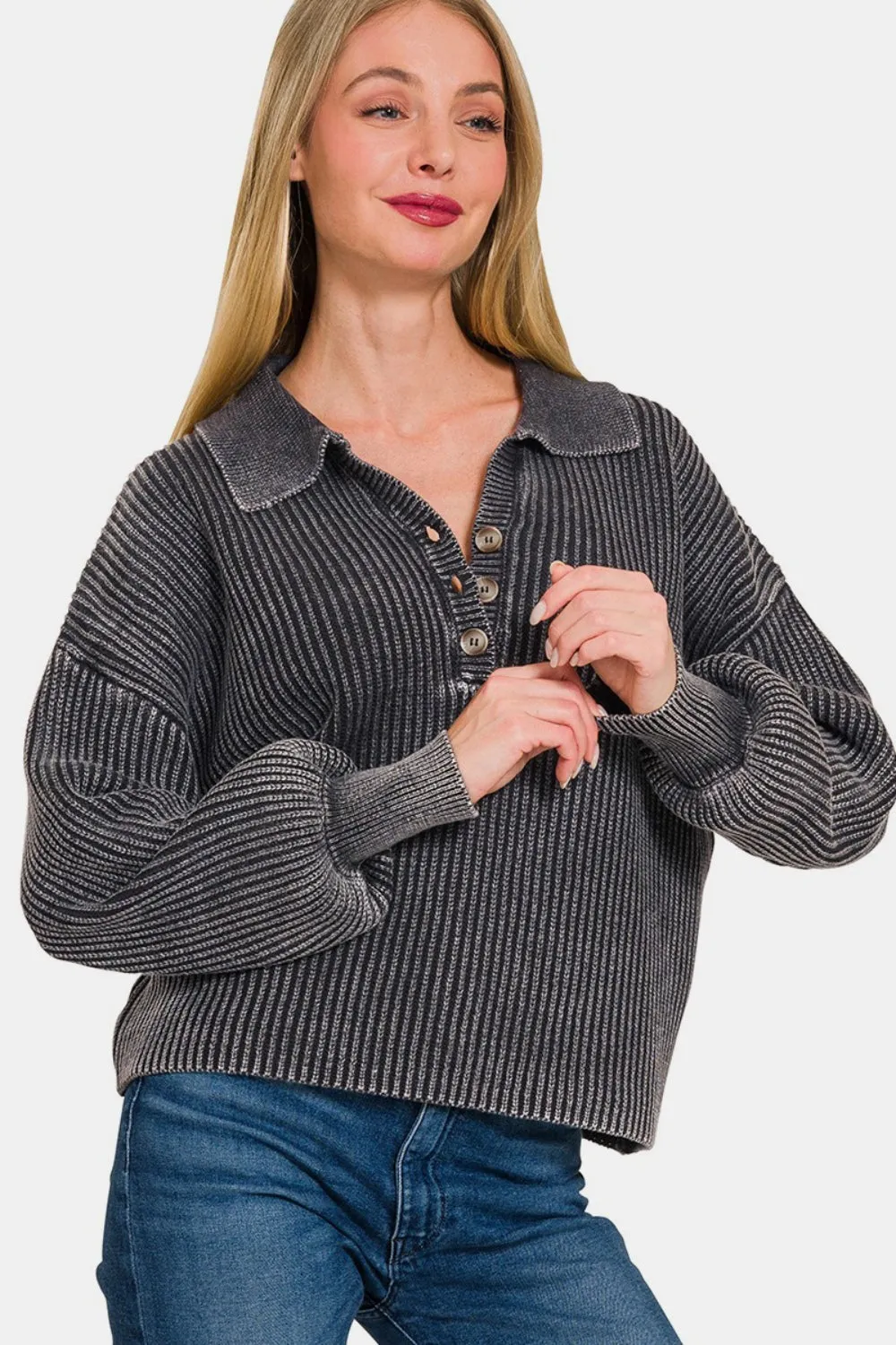 Washed Half Button Long Sleeve Sweater