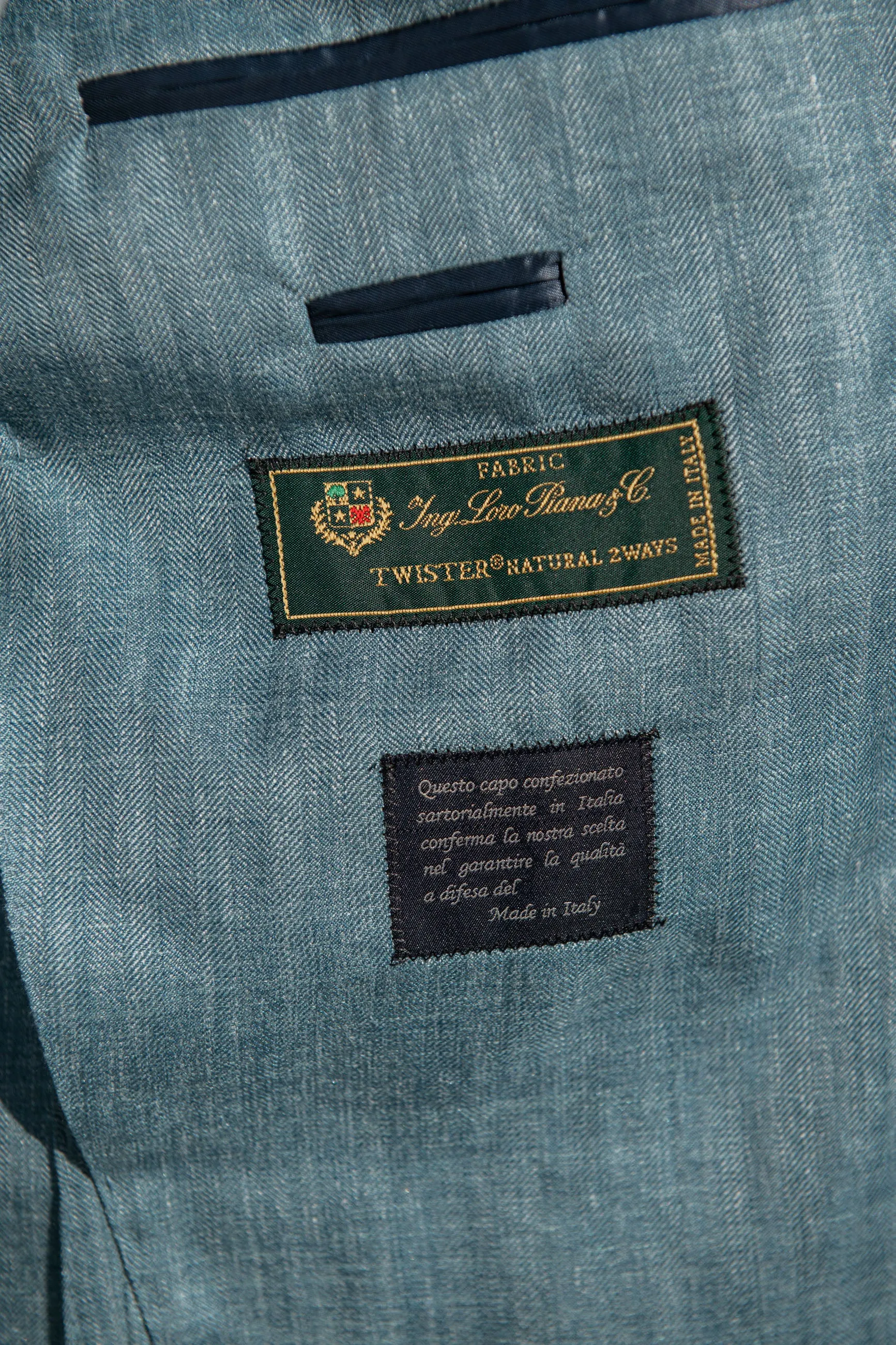 Water green herringbone jacket in Loro Piana wool silk and linen - Made in Italy