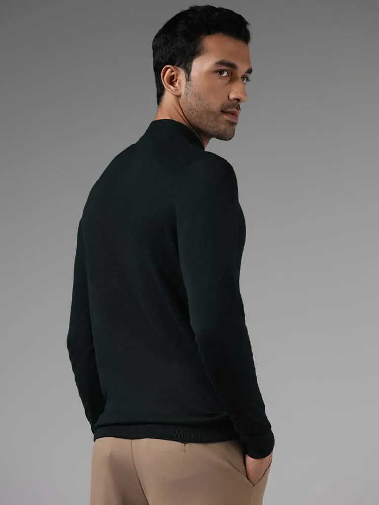 WES Formals Solid Green Slim-Fit High Neck Sweater