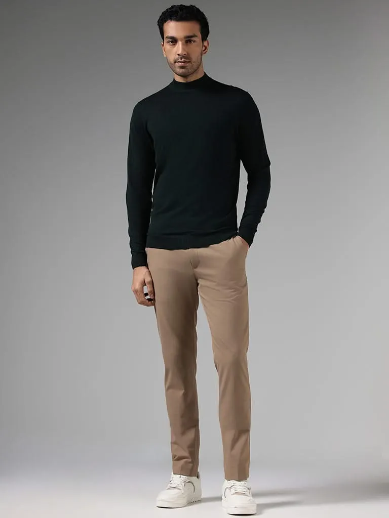 WES Formals Solid Green Slim-Fit High Neck Sweater