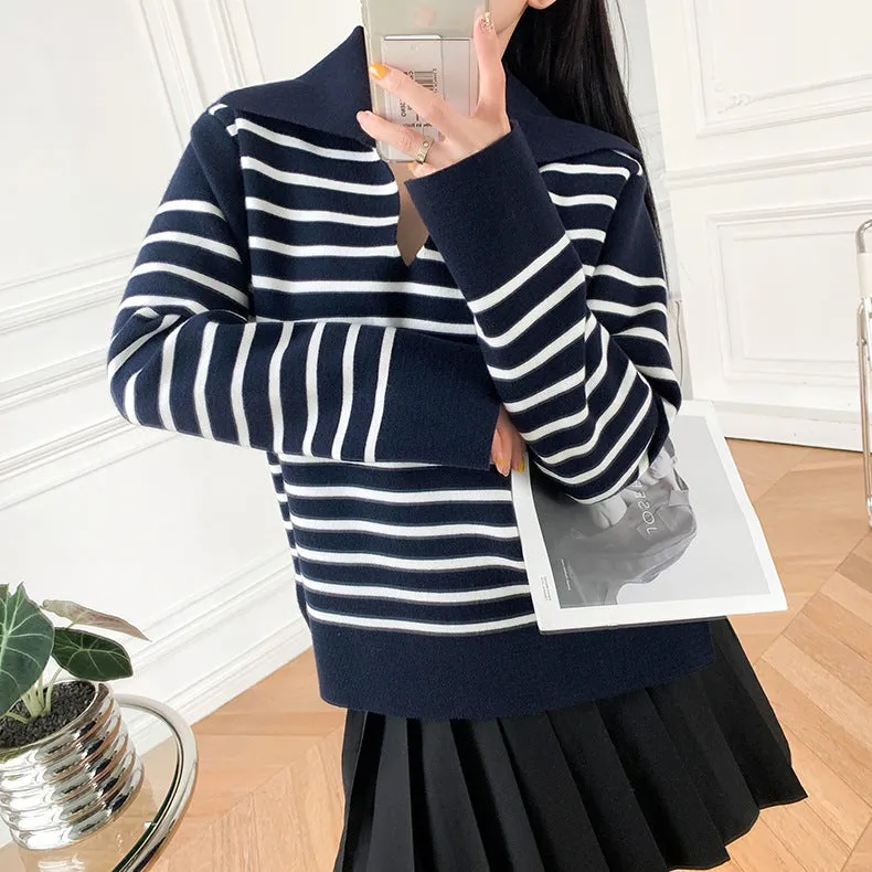 White Black Block Stripe Knit Cotton Jumper Pullover Sweater With Collar