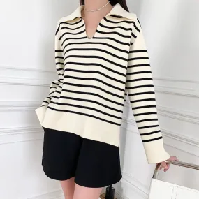 White Black Block Stripe Knit Cotton Jumper Pullover Sweater With Collar