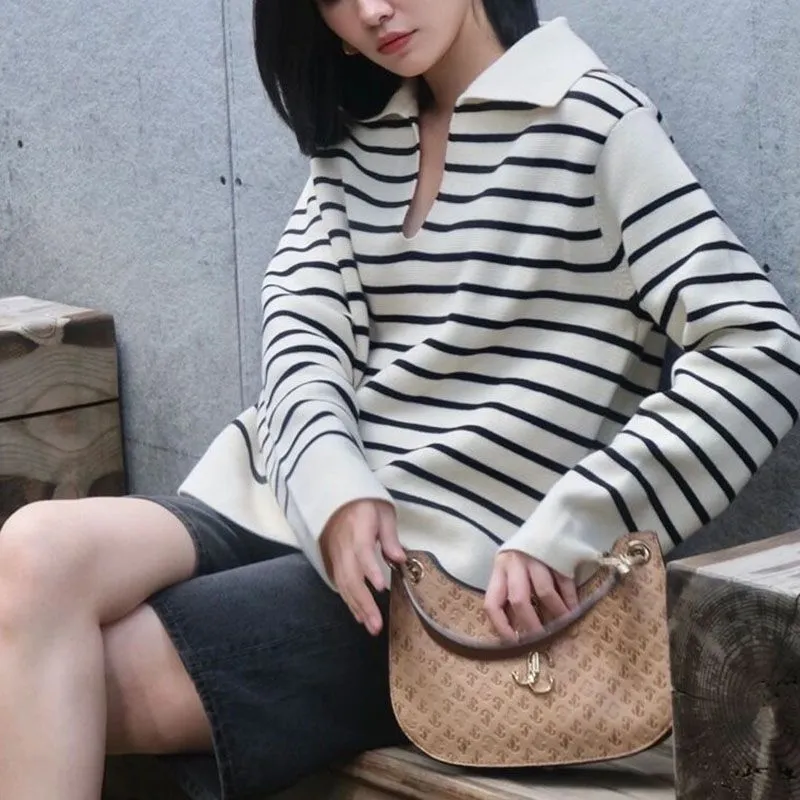 White Black Block Stripe Knit Cotton Jumper Pullover Sweater With Collar