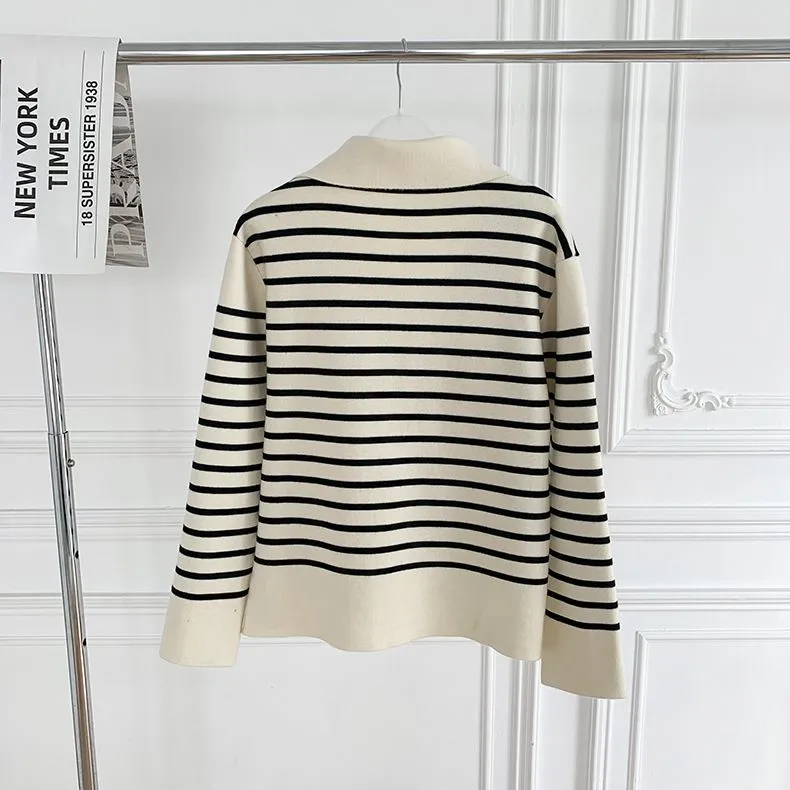 White Black Block Stripe Knit Cotton Jumper Pullover Sweater With Collar