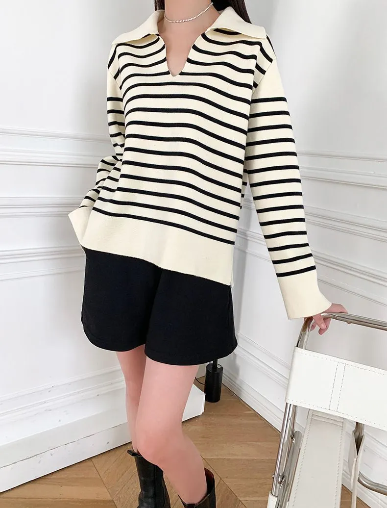 White Black Block Stripe Knit Cotton Jumper Pullover Sweater With Collar