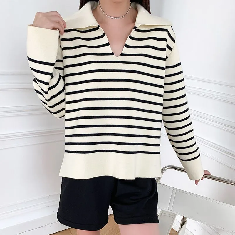 White Black Block Stripe Knit Cotton Jumper Pullover Sweater With Collar