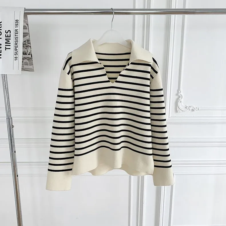 White Black Block Stripe Knit Cotton Jumper Pullover Sweater With Collar