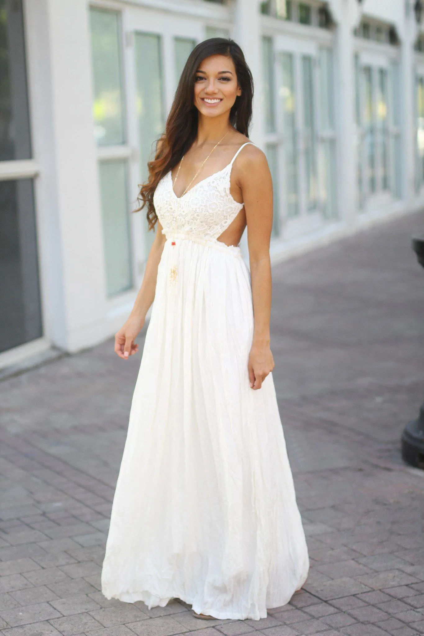 White Lace Maxi Dress with Open Back and Frayed Hem