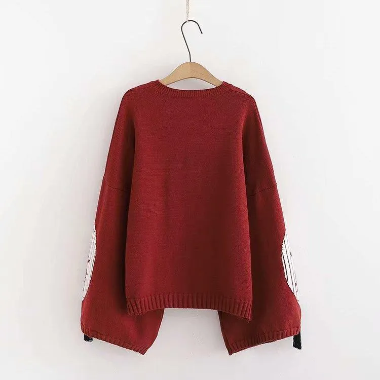 Wine Red Cute Knitting Fox Print Sweater