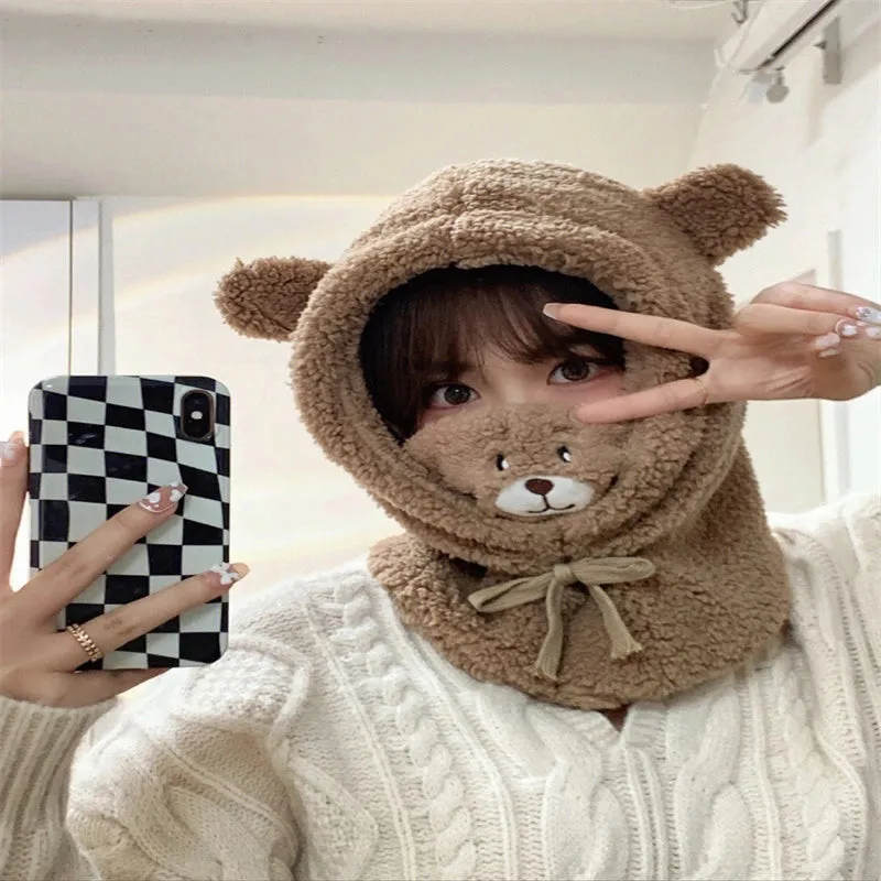 Winter Bear Hat Cute Plush Windproof Warm Ear Protection Mask Scarf