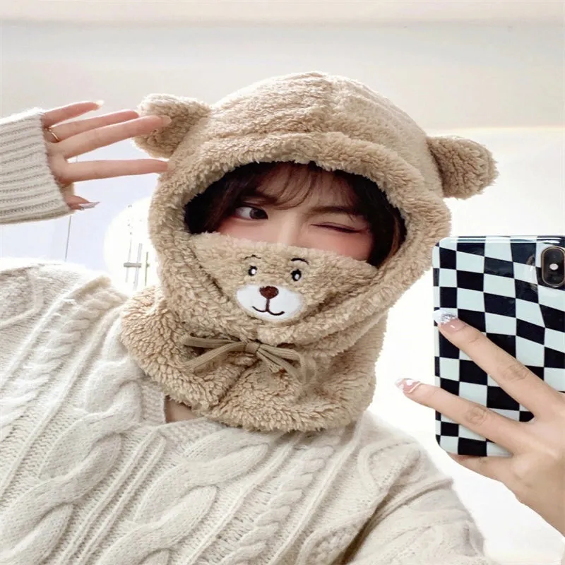 Winter Bear Hat Cute Plush Windproof Warm Ear Protection Mask Scarf