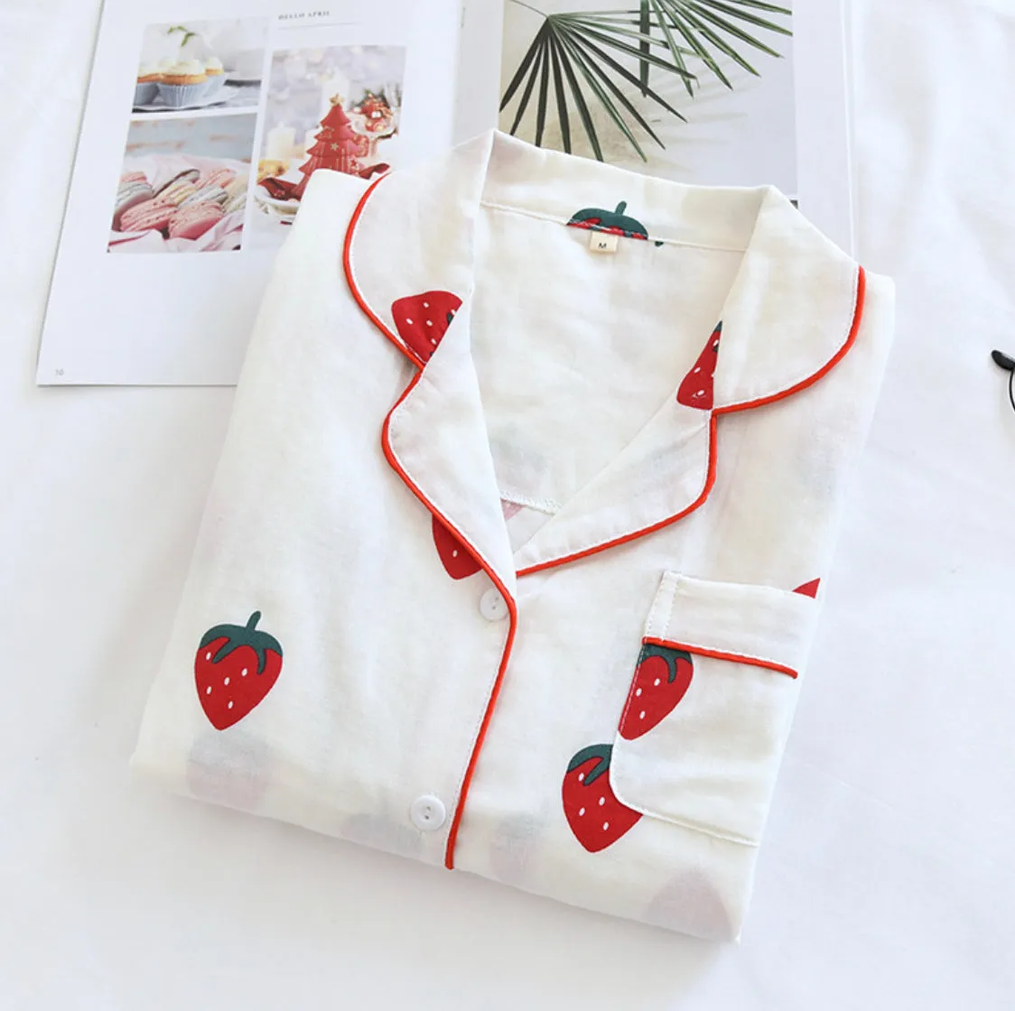 Woman Teenage Nightwear Cute Strawberry Pajamas Sets with Long Sleeve