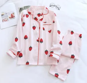 Woman Teenage Nightwear Cute Strawberry Pajamas Sets with Long Sleeve