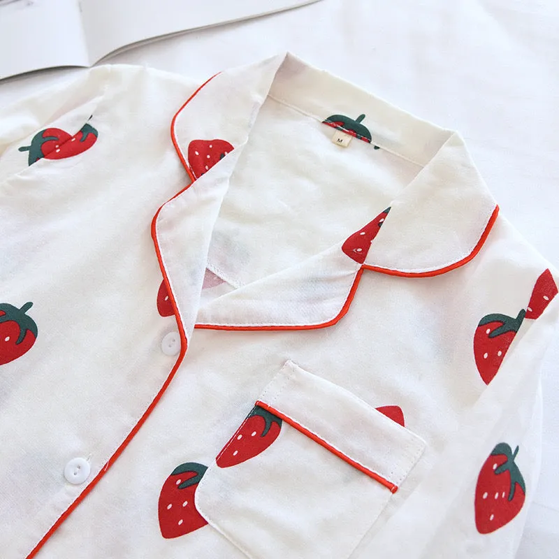 Woman Teenage Nightwear Cute Strawberry Pajamas Sets with Long Sleeve