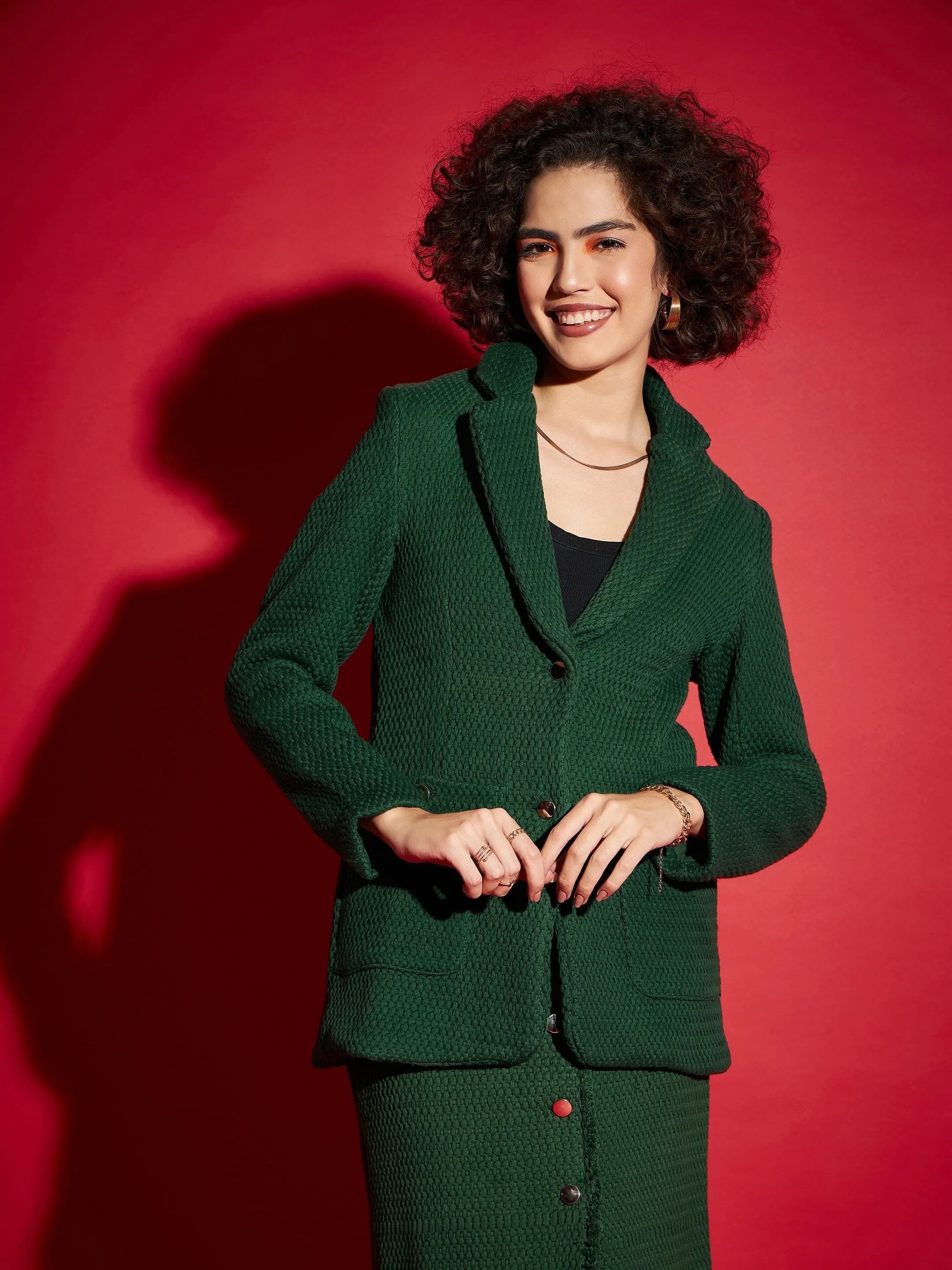 Women Green Tweed Notch Collar Blazer