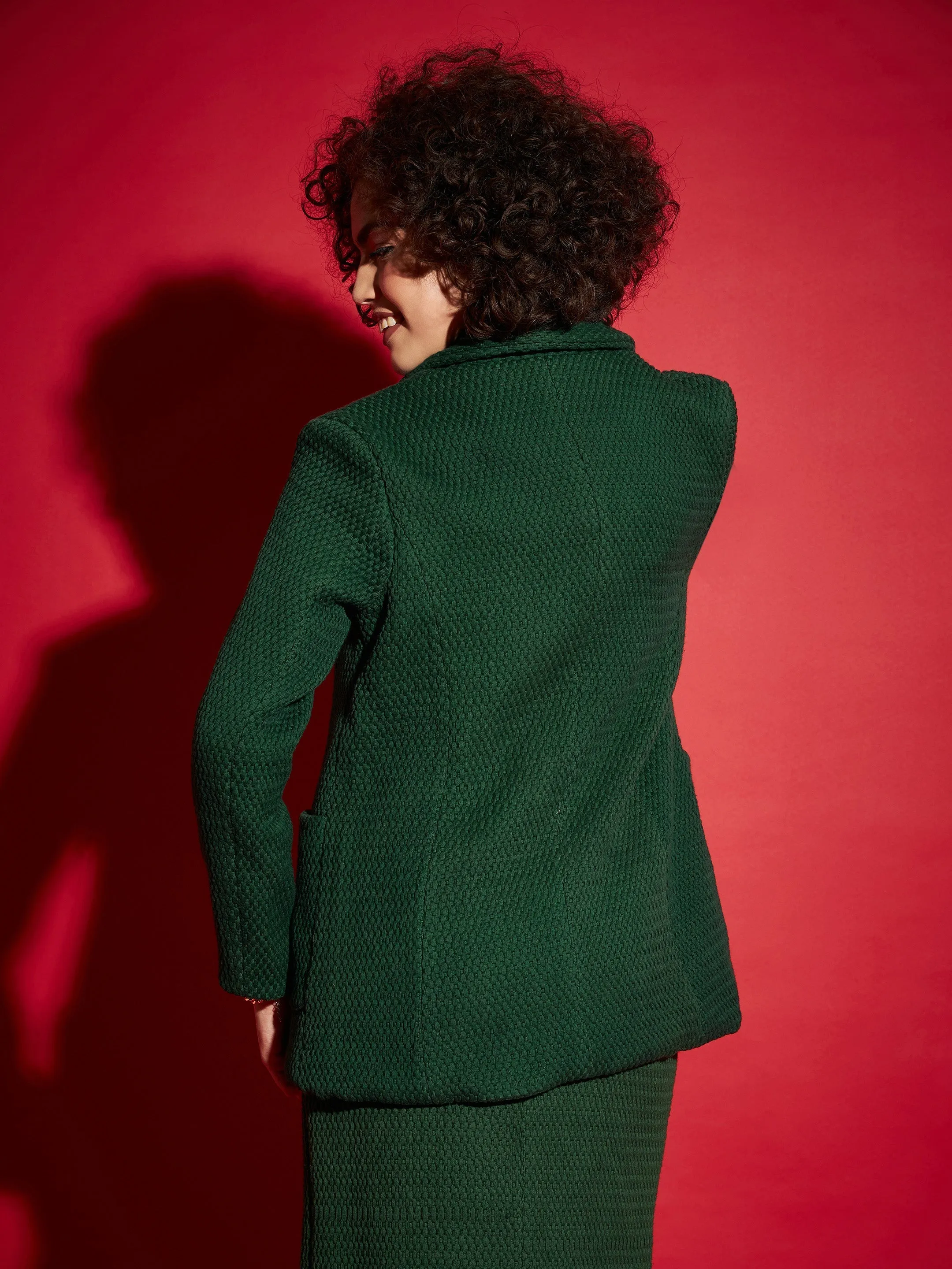 Women Green Tweed Notch Collar Blazer