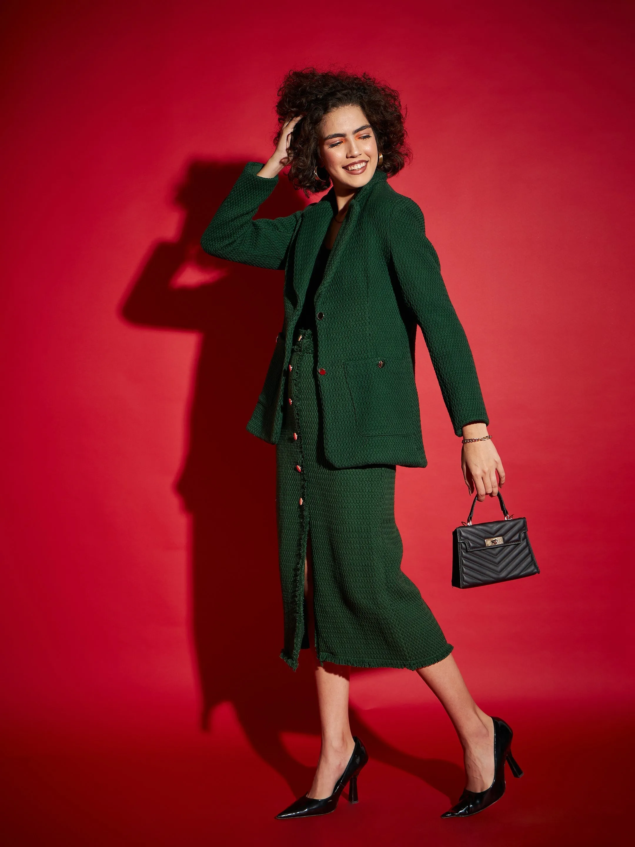 Women Green Tweed Notch Collar Blazer