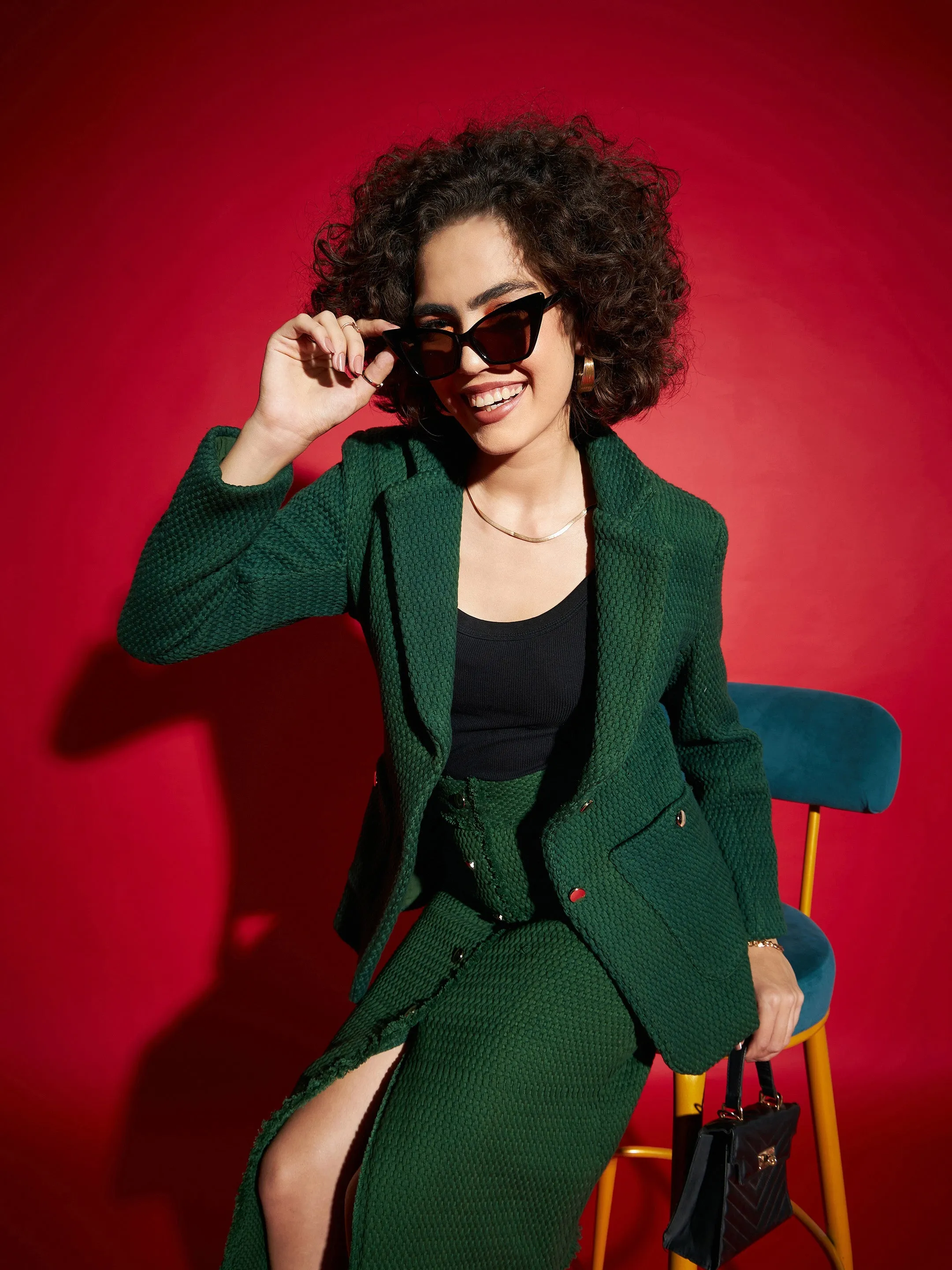 Women Green Tweed Notch Collar Blazer