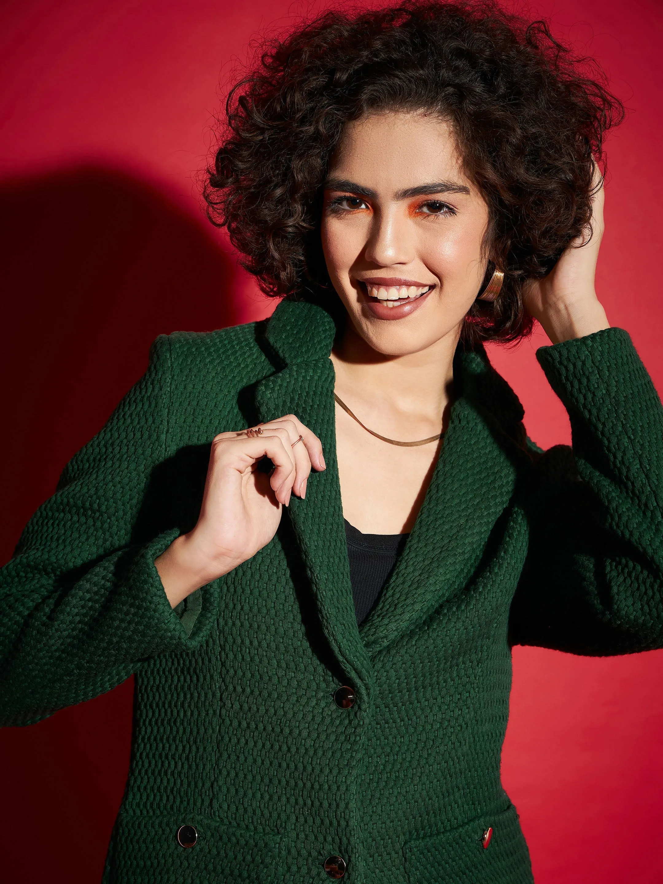 Women Green Tweed Notch Collar Blazer