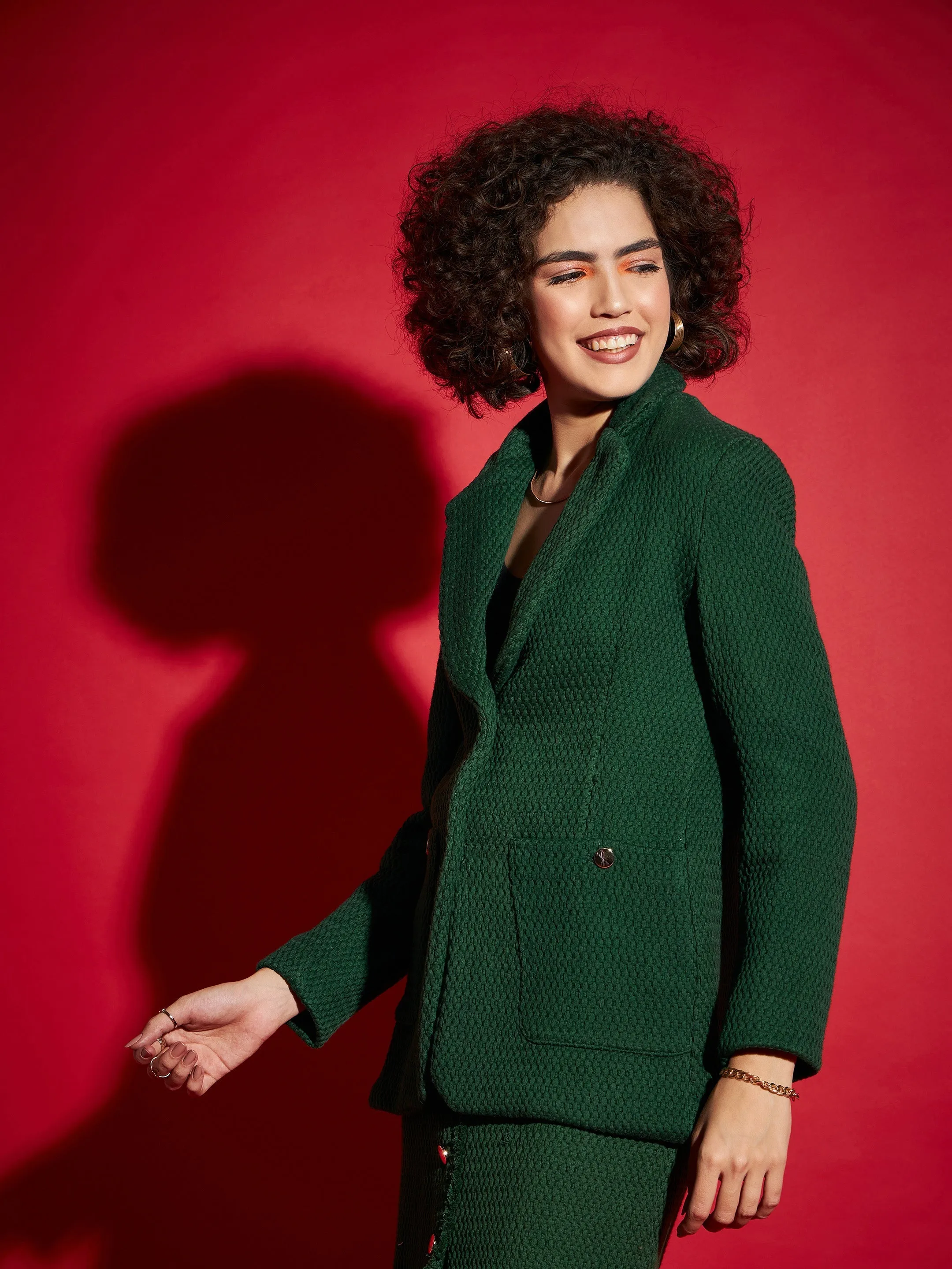 Women Green Tweed Notch Collar Blazer