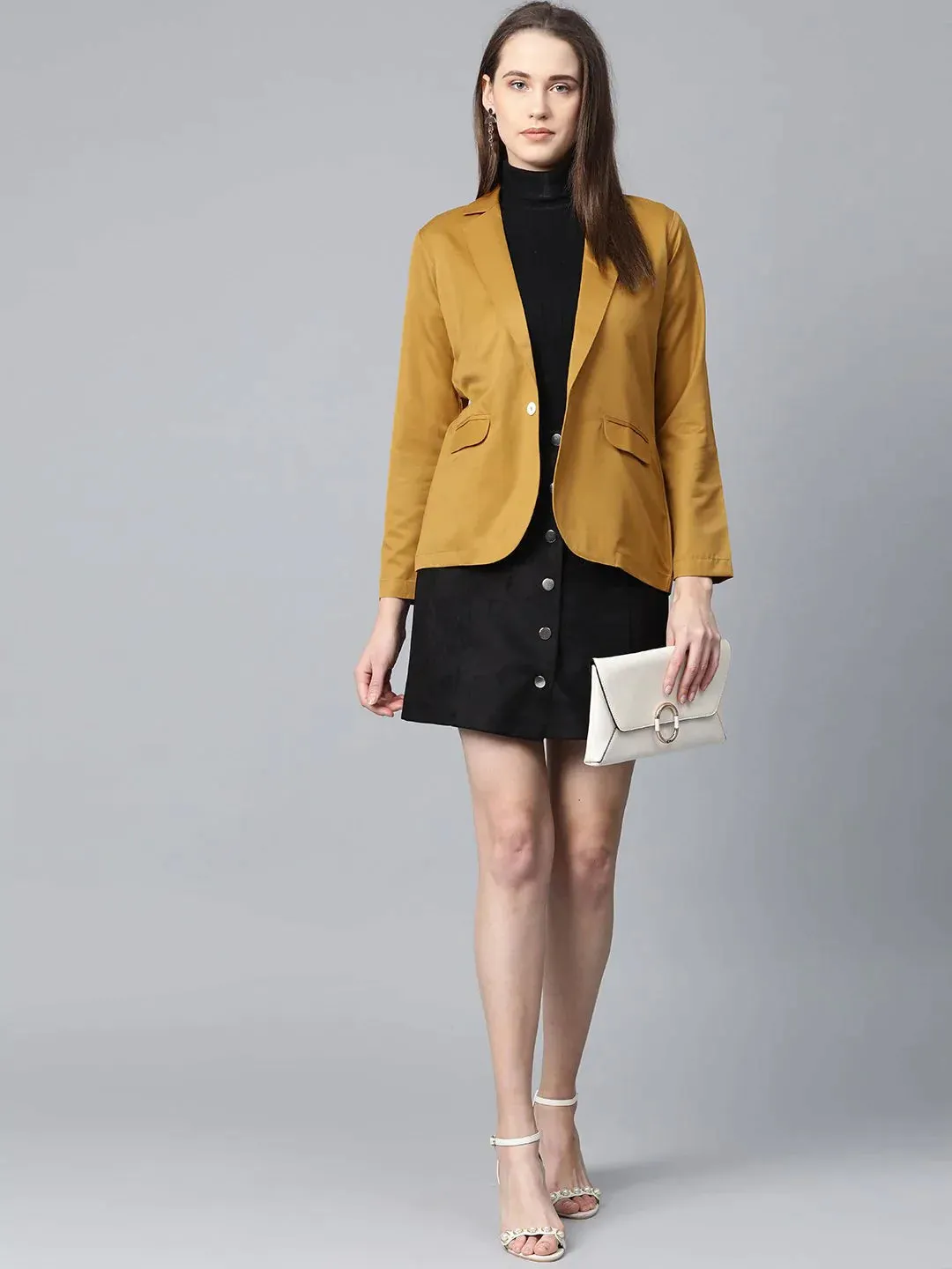 Women Mustard Solid Single-Breasted Smart Casual Blazer