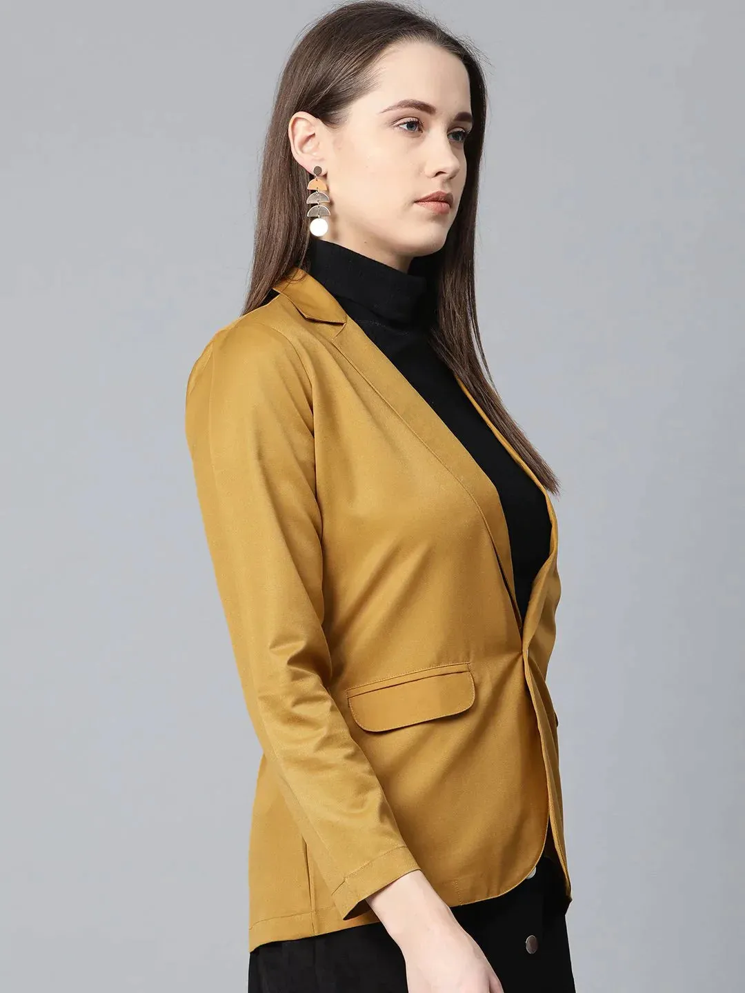 Women Mustard Solid Single-Breasted Smart Casual Blazer