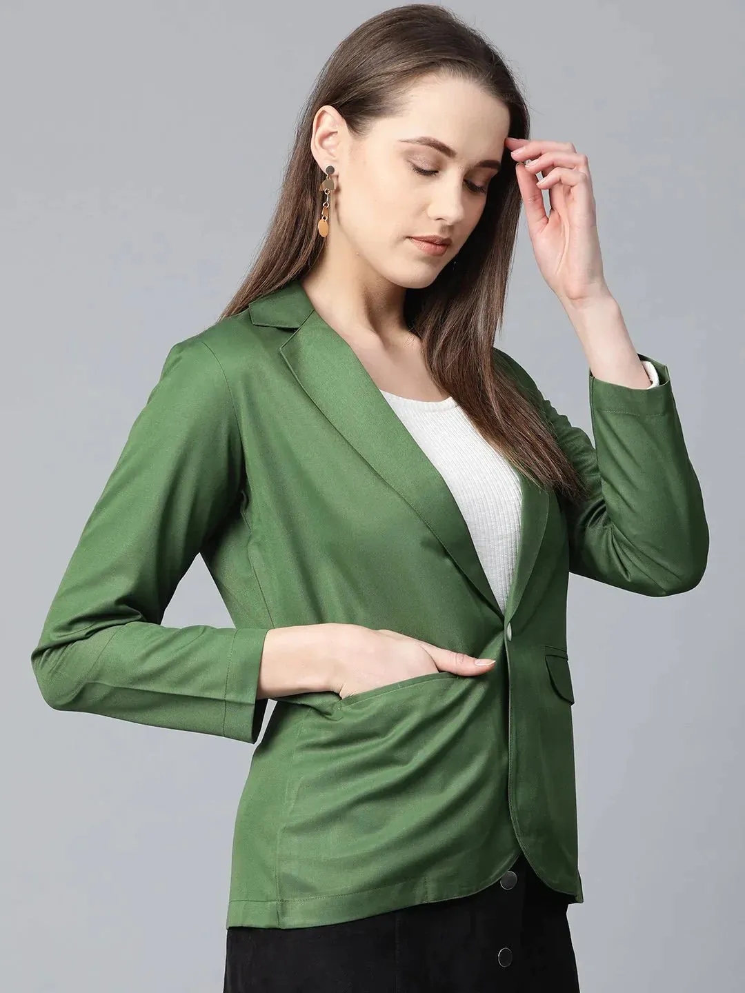 Women Olive-Green Solid Single-Breasted Smart Casual Blazer