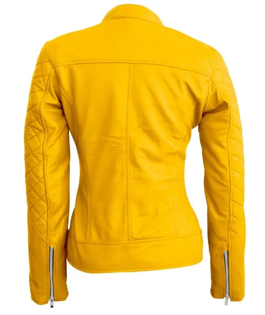 Women Yellow Quilted Leather Jacket  Women Yellow Quilted Leather Jacket