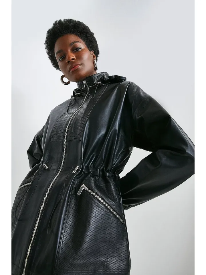 Women’s Black Sheepskin Leather Hooded Coat