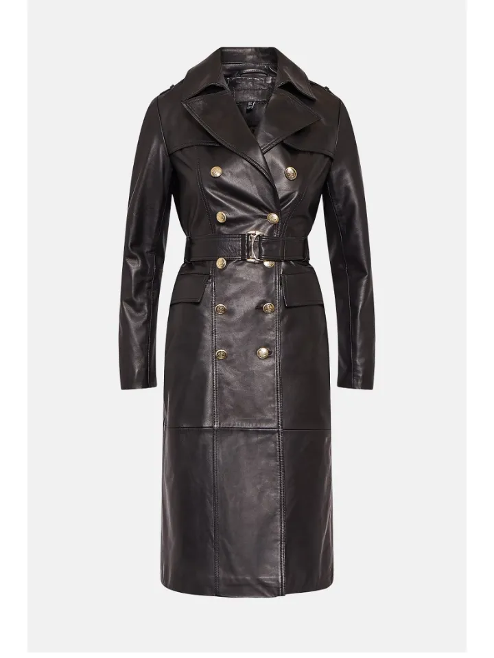 Women’s Black Sheepskin Leather Trench Coat Golden Buttons