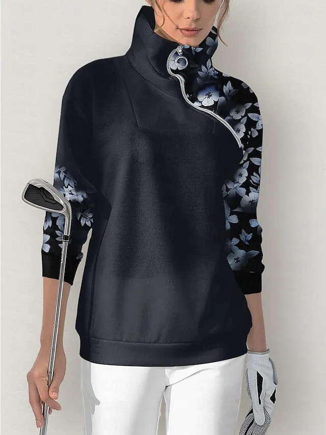 Women's Golf Pullover Sweatshirt Blue Long Sleeve Thermal Warm Top Floral Fall Winter Ladies Golf Attire Clothes Outfits Wear Apparel