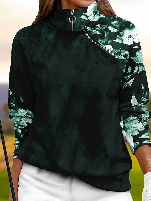 Women's Golf Pullover Sweatshirt Blue Long Sleeve Thermal Warm Top Floral Fall Winter Ladies Golf Attire Clothes Outfits Wear Apparel