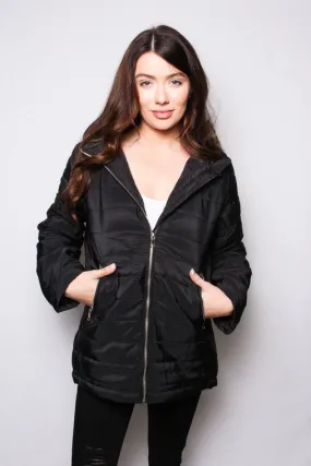 Women's High Neck Quilted Matte Puffer Jacket w/ Detachable Hood Fur | Black