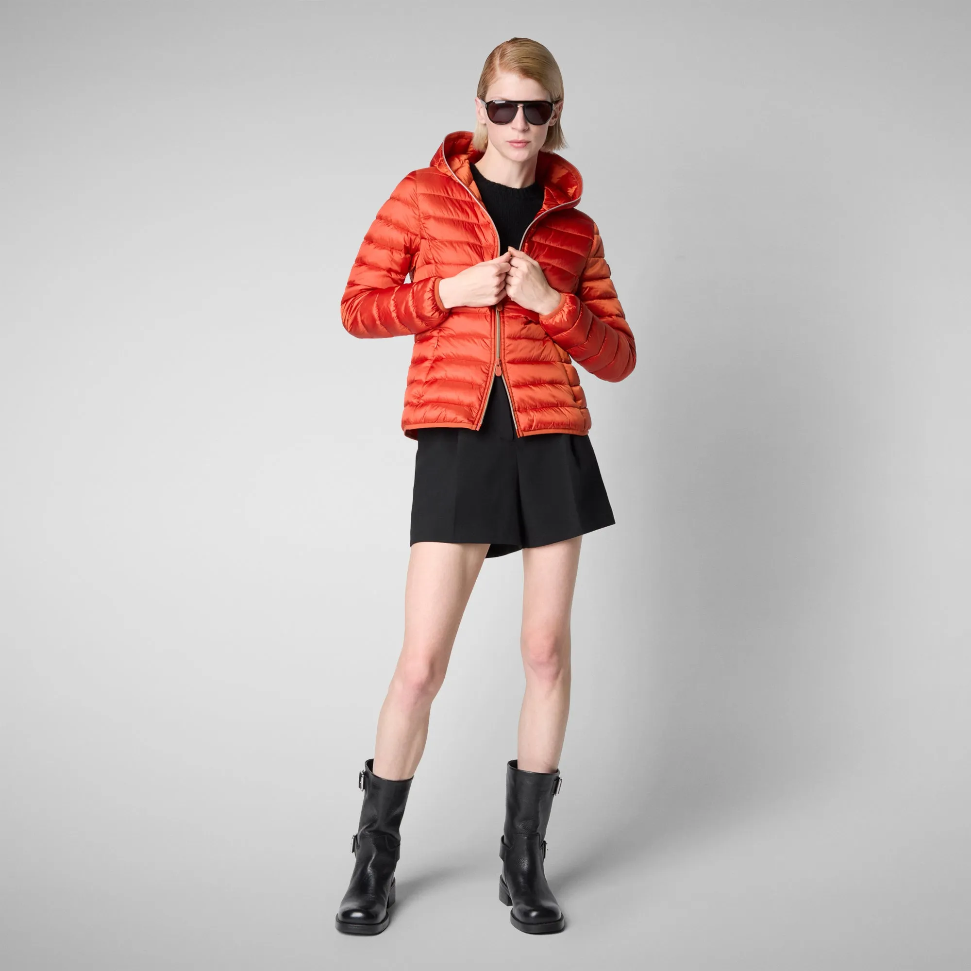 Women's Hooded Animal free Puffer Jacket Alexis in Maple Orange