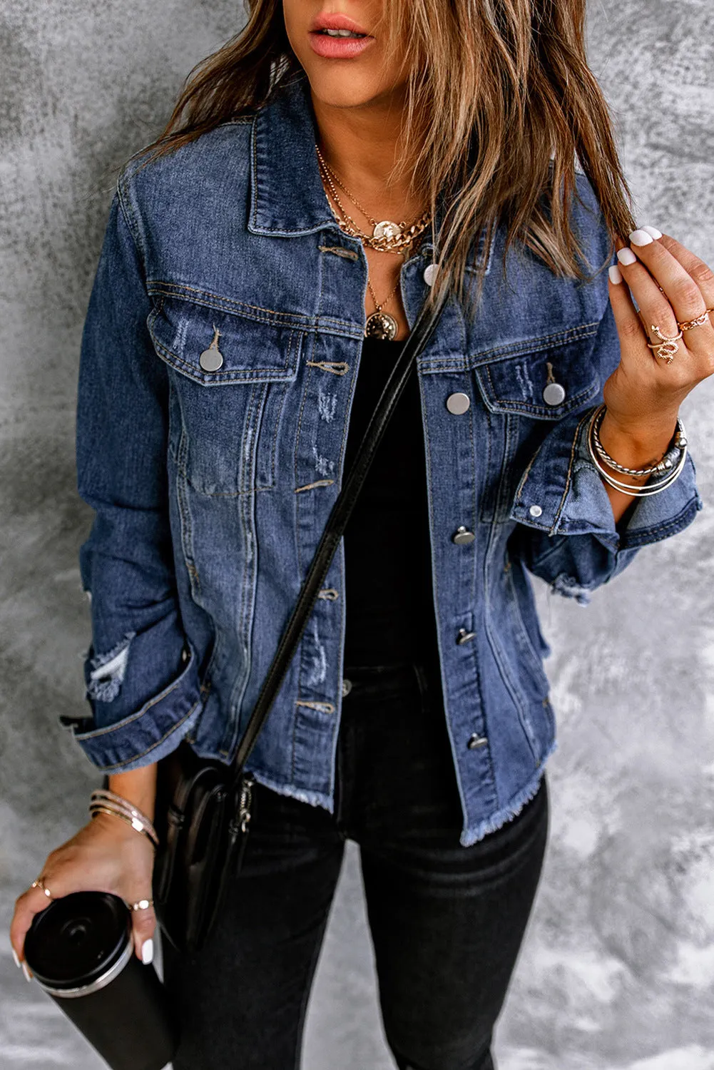 Women's Jean Jacket Long Sleeve Lapel Distressed Raw Hem Buttons Denim Coat