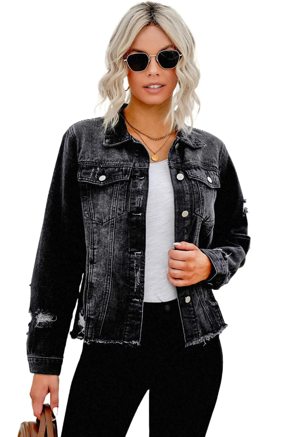 Women's Jean Jacket Long Sleeve Lapel Distressed Raw Hem Buttons Denim Coat