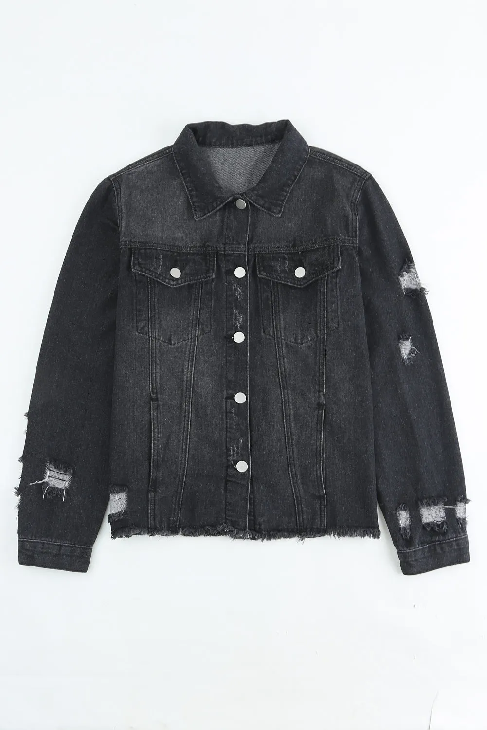 Women's Jean Jacket Long Sleeve Lapel Distressed Raw Hem Buttons Denim Coat