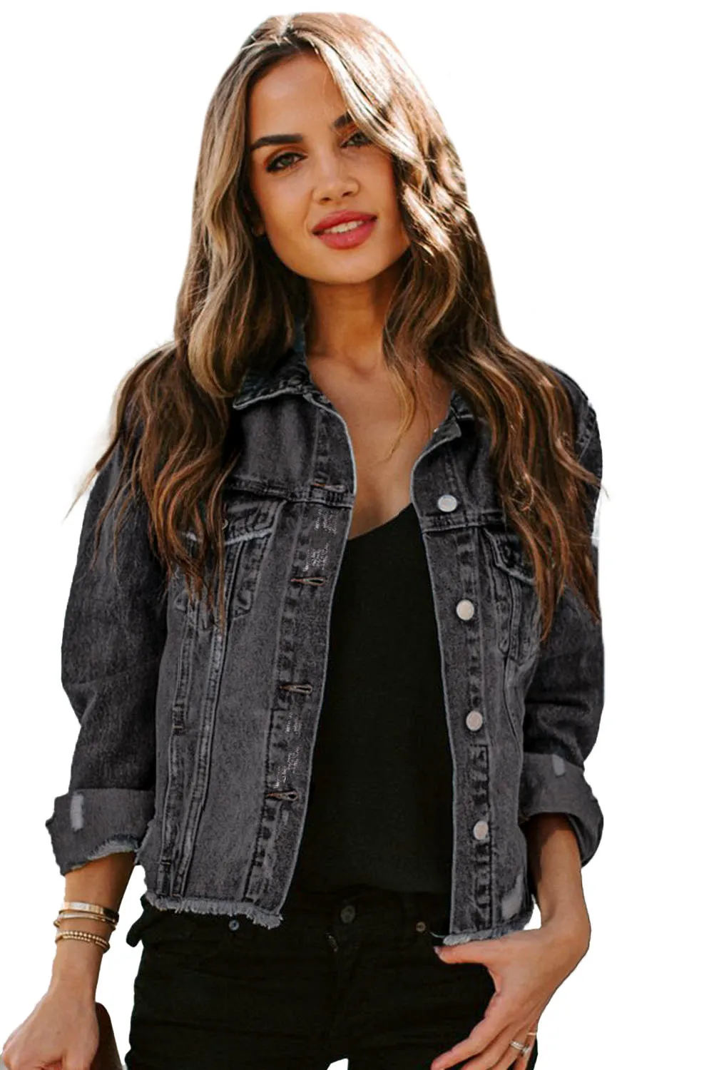 Women's Jean Jacket Long Sleeve Lapel Distressed Raw Hem Buttons Denim Coat