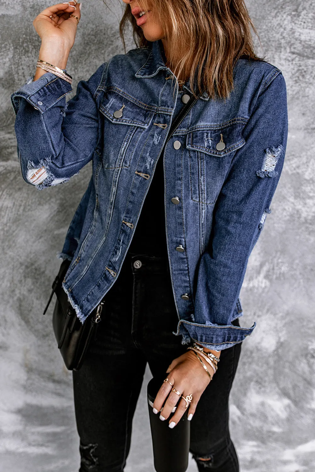 Women's Jean Jacket Long Sleeve Lapel Distressed Raw Hem Buttons Denim Coat