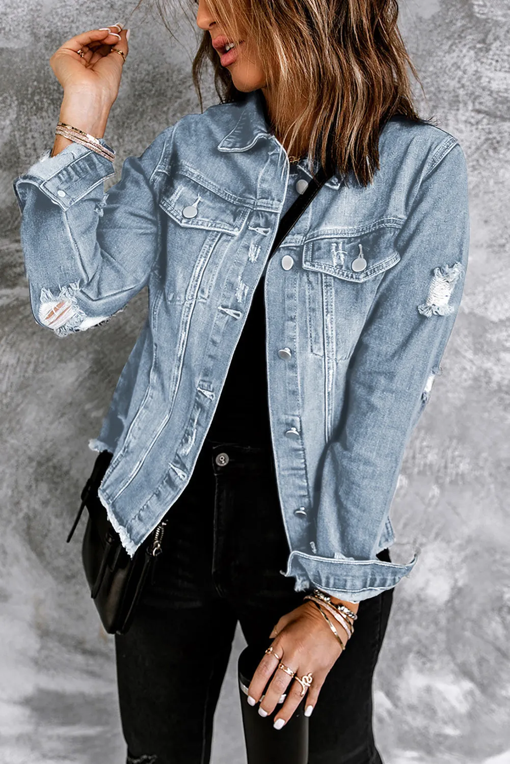 Women's Jean Jacket Long Sleeve Lapel Distressed Raw Hem Buttons Denim Coat