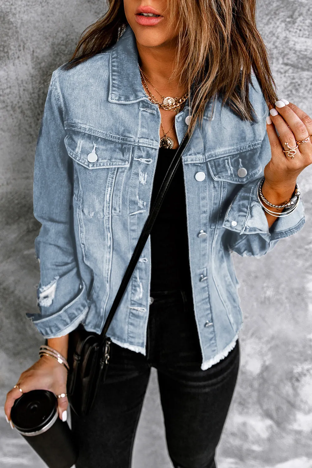 Women's Jean Jacket Long Sleeve Lapel Distressed Raw Hem Buttons Denim Coat