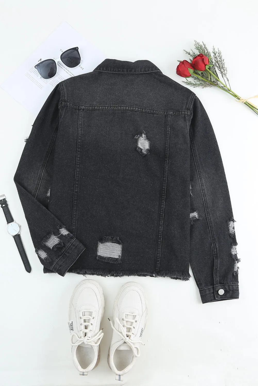 Women's Jean Jacket Long Sleeve Lapel Distressed Raw Hem Buttons Denim Coat