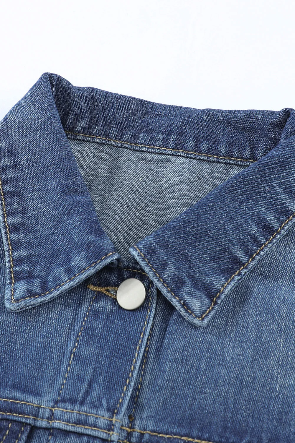 Women's Jean Jacket Long Sleeve Lapel Distressed Raw Hem Buttons Denim Coat